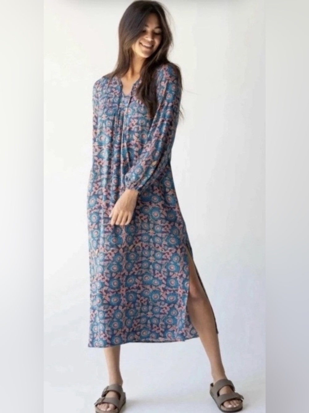 Natural Life Rown side slit midi dress in teal Dahlias boho fall summer sz small